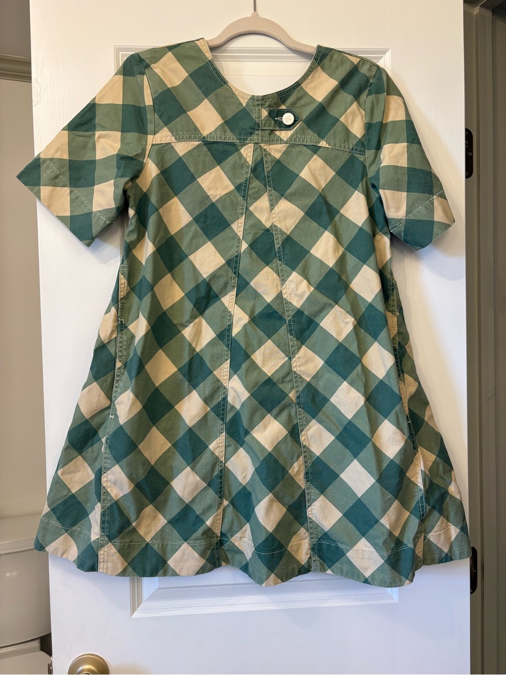 Damson Madder Green and Cream Check Short-Sleeve Mini Dress